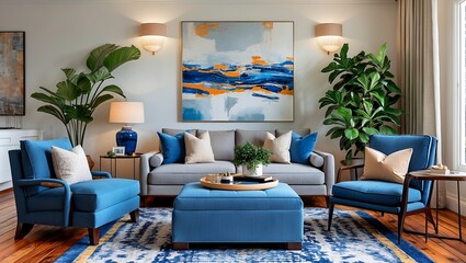 Elegant living room with abstract art and cozy decor