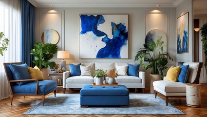 Elegant living room with abstract art and cozy decor