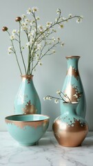 Elegant ceramic vases and bowl with daisies on marble surface