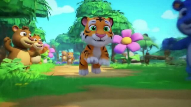 A cartoon tiger running and jumping over obstacles in a fun jungle race