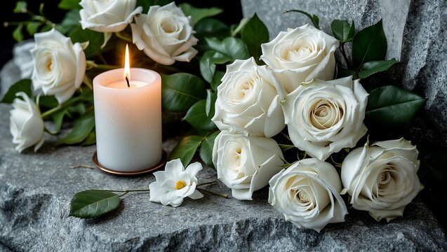 Elegant memorial service background with white roses