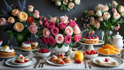 Fototapeta premium Elegant mother's day brunch with floral centerpiece