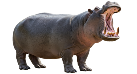 Massive adult hippopotamus standing firmly on all fours, displaying its characteristic thick gray skin and a slightly open mouth. Full body shot isolated on white.