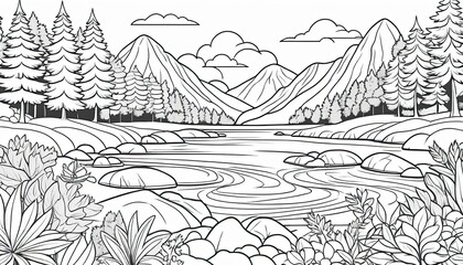 Fototapeta premium Peaceful Mountain Lake Landscape Drawing