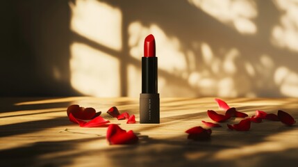 A minimalist setup featuring a single high-end lipstick with a sleek design, surrounded by soft petals and a subtle light, capturing luxury and elegance