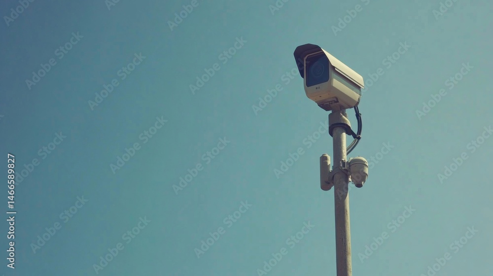 Poster a minimalist shot of a single cctv camera mounted on a pole, capturing the details of the camera and