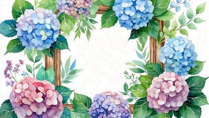 Elegant watercolor floral frame with hydrangeas