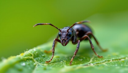 Ants crawling on green leaf nature close-up photography macro environment vibrant colors