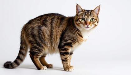 Playful tabby cat posing indoors studio photography bright white background animal portrait cute and curious expression