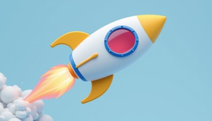 Rocket launching into blue sky digital art futuristic design whimsical environment aerial view adventure concept