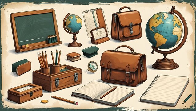 Classic retro school illustrations featuring old-fashioned items in vintage 1950s clip art style