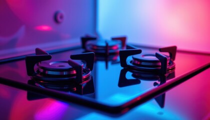 Cooking action on gas stove modern kitchen close-up colorful lighting contemporary design