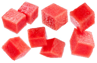 Watermelon cubes levitating in air on white background. File contains clipping paths.