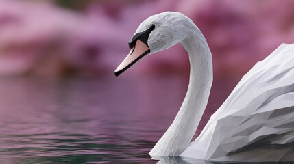Obraz premium Elegant swan gracefully floats on water, surrounded by soft pink blossoms. Detailed 3D polygonal style