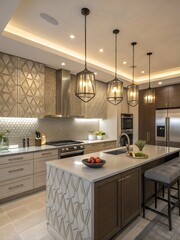 Fototapeta premium Modern Kitchen Island with Geometric Design and Pendant Lighting