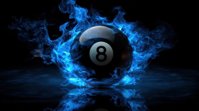 A stunning image of magic nine ball in blue flames. A striking image featuring a black billiard ball with the number eight engulfed in mystical blue fire on a dark background.