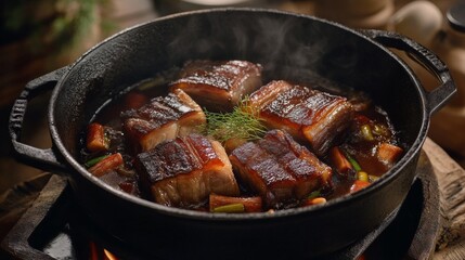 A rustic image of slow-cooked pork belly in a savory sauce, bubbling in a cast-iron pot, showcasing the rich flavors and tender texture of the dish