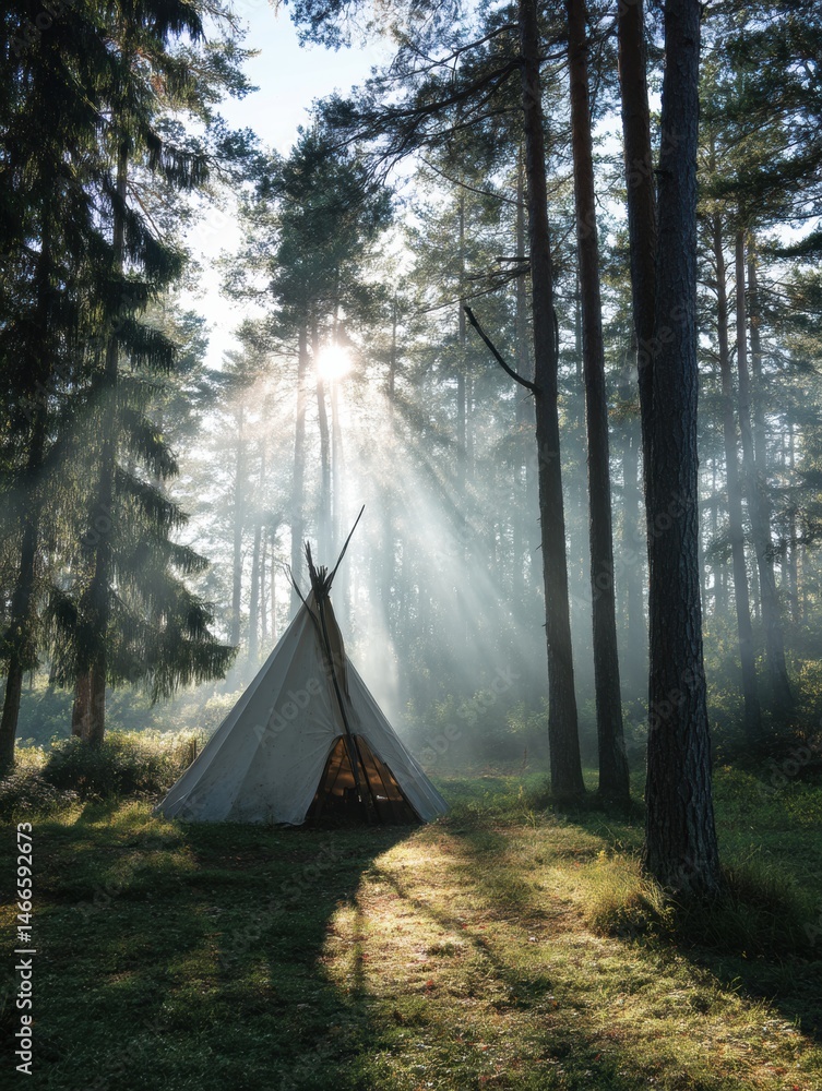 Poster Tent Stands in Tranquil Forest Clearing Surrounded by Mist and Gentle Sunlight Filtering Through Tall Trees in Early Morning Hours Generative AI