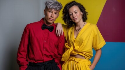 Obraz premium Stylish young woman and man dressed in colorful casual clothes posing in front of modern geometric background