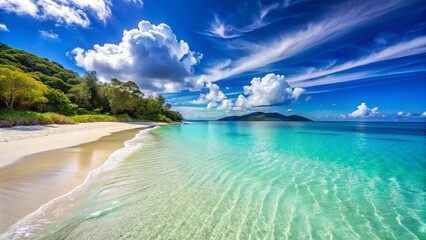 Fototapeta premium Beautiful tropical beach scene with turquoise waters white sandy shoreline and blue skies