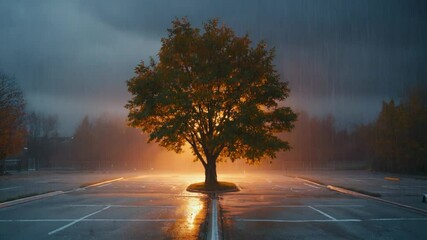 Rain Falling on Lonely Tree in Empty Parking Lot at Dusk - Powered by Adobe