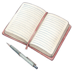 Open notebook with blank pages and a pen beside it.