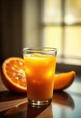 A small glass of freshly squeezed orange juice, sunlight illuminating the pulp, sweet, beverage