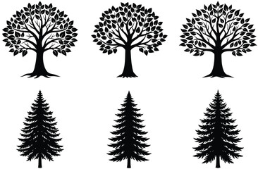 A vector set of black tree silhouettes, including oak and palm, illustrates nature's leafy design