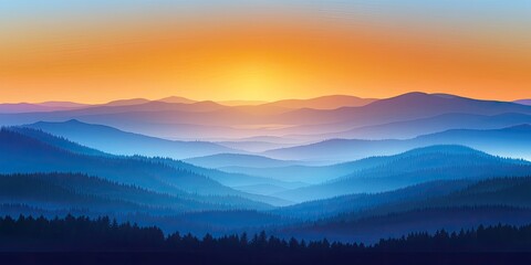 Misty Mountain Majesty Sunrise over Blue Ridges Vector Illustration.