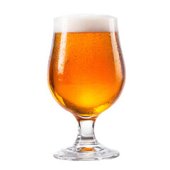 A refreshing glass of golden beer with a frothy white head sits on a white background, its condensation showing its chill in anticipation of being enjoyed.