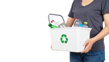 Recycling Bin Woman Holding Plastic Bottles Cans Waste isolated on solid white background