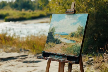 Artist painting a serene landscape by the river during a sunny afternoon in nature
