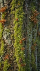 Fototapeta premium Ancient moss-covered tree trunk, intricate lichen textures , tree, image