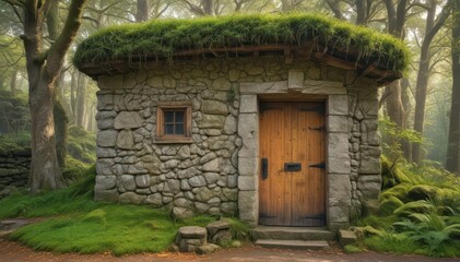 Fototapeta premium Ancient moss-covered stone building, wooden door, serene forest , architecture photography, details, stone