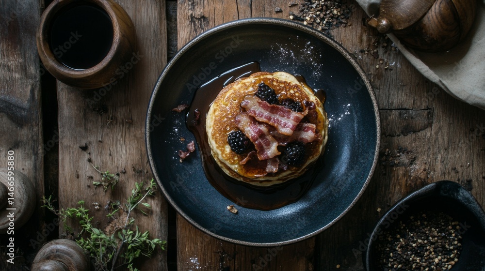 Poster A stunning overhead view of a breakfast table featuring pancakes topped with crispy bacon and maple syrup, creating a warm and inviting morning scene