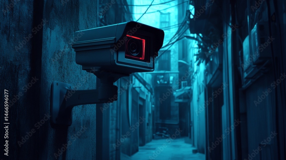 Poster a stunning shot of a high-tech cctv camera with infrared capabilities, set against a backdrop of a d