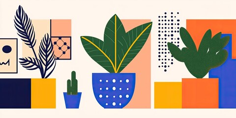 Potted Plant Pop Modern Botanical Illustration with Geometric Flair.