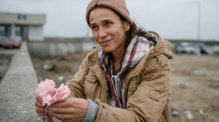 Fototapeta premium Young woman sitting outdoors near water holding pink flower, contemplative and peaceful mood, casual autumn clothing