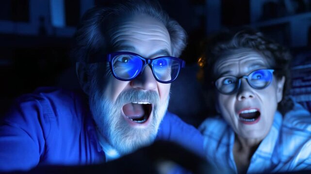 Elderly couple wearing glasses sits together at night, watching TV with a mix of fear and admiration on their faces. Warm, intimate living room mood. AI generative 4K video.