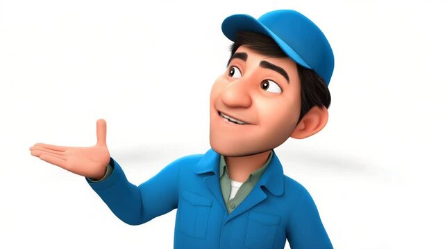 Cheerful cartoon-style service worker in a blue robe crosses his arms, nods in agreement, and talks with a friendly attitude. AI generative 4K video