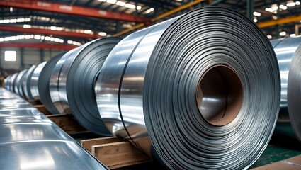 Galvanized steel rolls stored in industrial warehouse