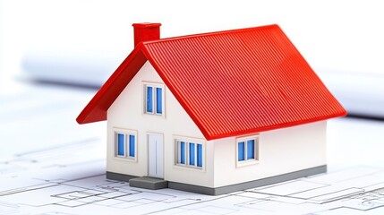 Miniature House Model with Red Roof on Construction Blueprint Background
