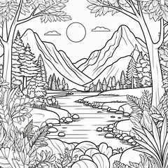 Naklejka premium Serene Black And White Mountain River Landscape Drawing