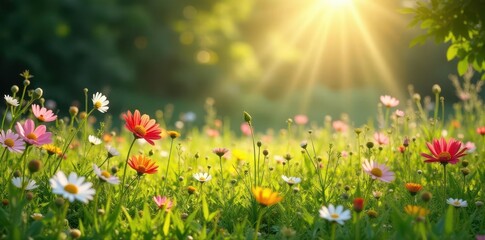 Obraz premium Sunlight dappled meadow bursting with wildflowers , colorful, green, vibrant colors