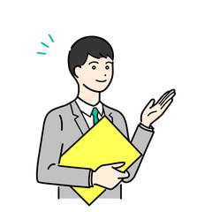 バインダーを抱えて説明するビジネススーツの男性のシンプルな上半身ベクターイラスト