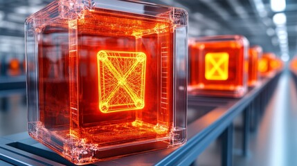 Futuristic Transparent Orange Data Cubes in a High-Tech Warehouse