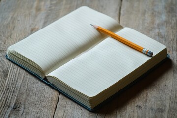 Blank notebook with a pencil resting on a wooden table ready for notes or ideas
