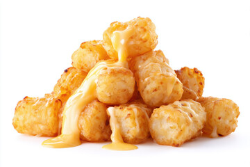 Golden cheese-drizzled tater tots stacked on a white background ready to be enjoyed