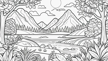 Fototapeta premium Serene Monochrome Landscape Drawing of Mountains and Lake