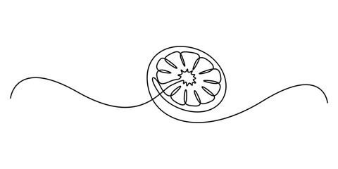 Continuous single line drawing of orange fruit, Orange fruit in one line art drawing style, Continuous single line drawing sliced healthy organic lemon for orchard logo identity. Vector illustration